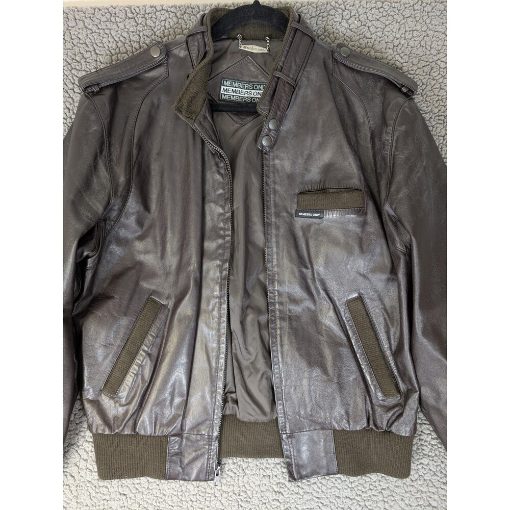 Members Only 80s Europe Craft Brown Genuine Leather Bomber Jacket Zip Men's 42